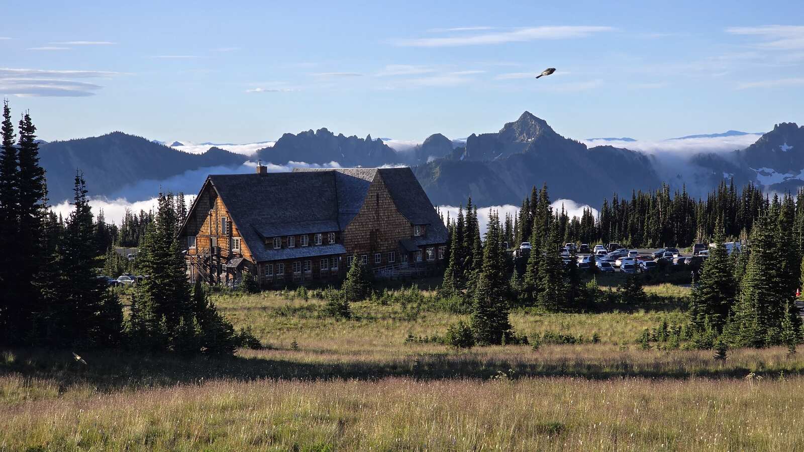 Początek szlaku Burroughs Mountain Loop Trail w Mount Rainier NP – widok na parking Sunrise, schronisko i mgłą spowite szczyty gór